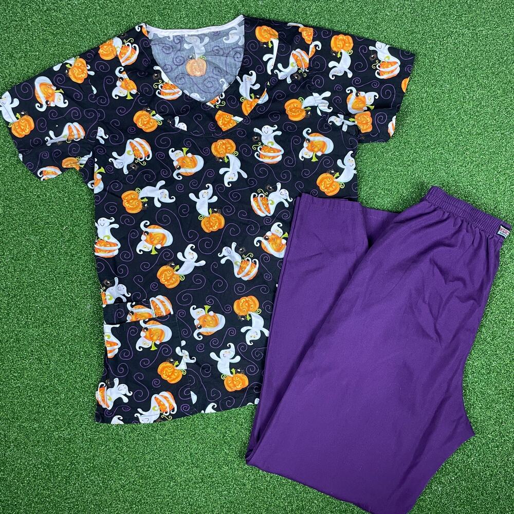 Cherokee Halloween Print Pumpkin Ghost V Neck Scrubs Set Sz XL